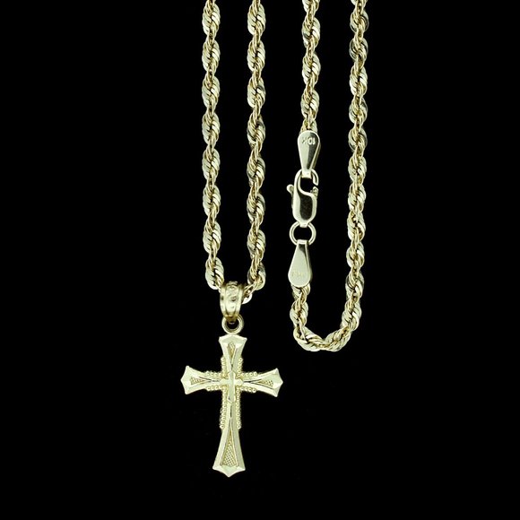 10K Real Gold Rope Chain and Cross Pendant Set - Picture 1 of 9